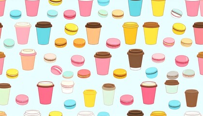 Colorful coffee cups and macarons pattern