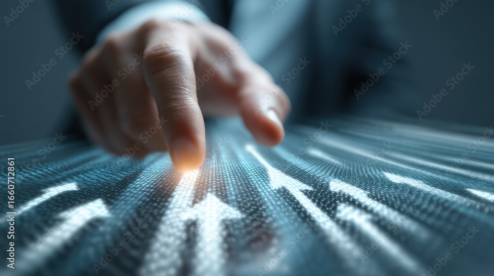 Poster hand points towards digital interface displaying upward arrows, symbolizing growth and progress in t