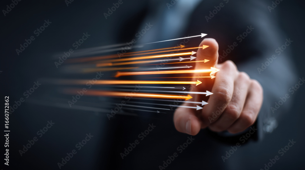 Poster business professional points forward, symbolizing direction and progress, with dynamic arrows repres