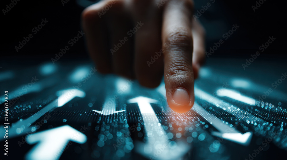 Aufkleber finger touches digital screen displaying glowing arrows pointing upward, symbolizing progress and in
