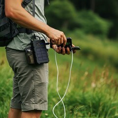 Man Hiking Outdoors Charging Phone with Portable Solar Panel
