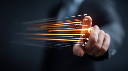 Business professional points forward, symbolizing direction and progress, with dynamic arrows representing speed and innovation. image conveys sense of motivation and forward thinking