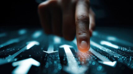Finger touches digital screen displaying glowing arrows pointing upward, symbolizing progress and innovation. image conveys sense of technology and advancement in modern environment