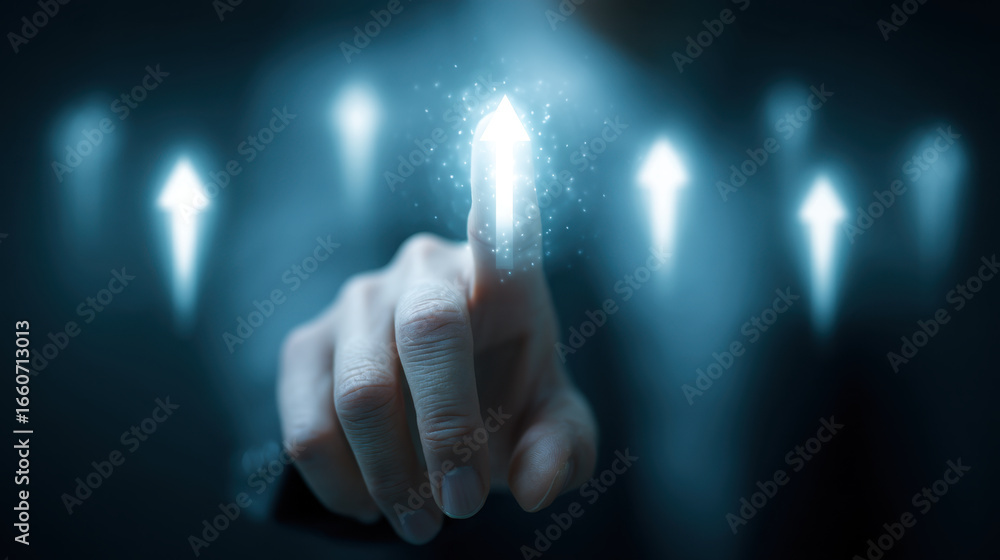 Poster hand pointing at glowing arrows, symbolizing growth and progress in digital environment. image conve