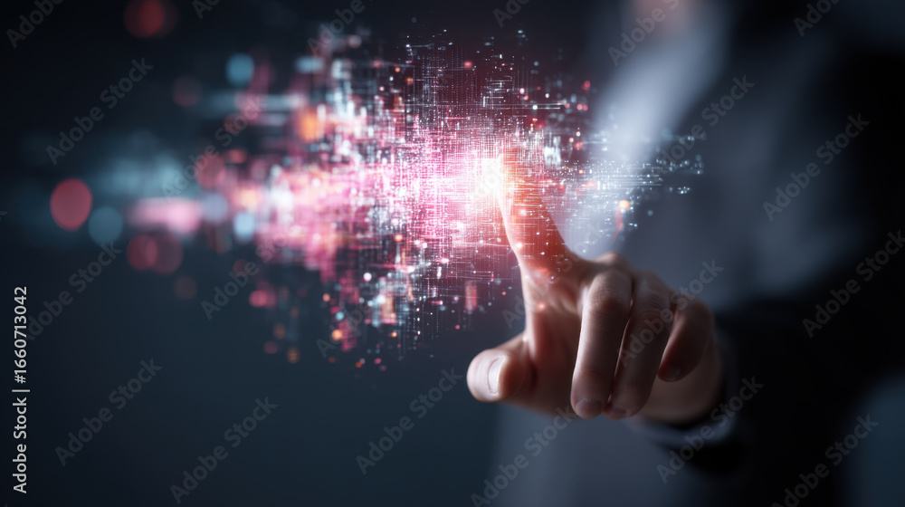 Poster person interacts with digital interface, showcasing vibrant data visualizations and glowing particle