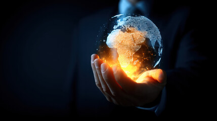 Hand holding glowing globe representing world, showcasing Africa with digital connections and light effects, symbolizing technology and global unity