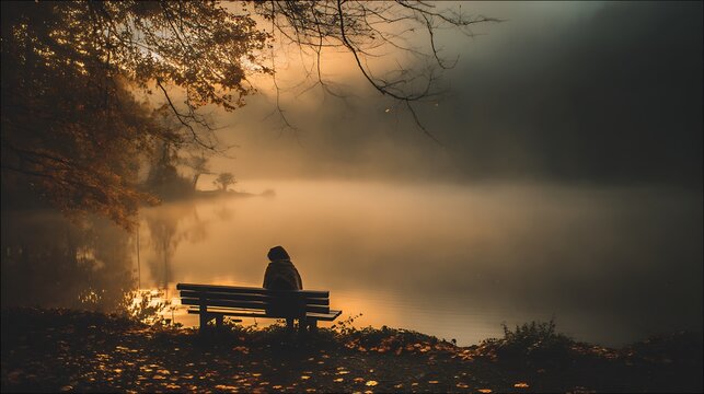 Serene Woman Sitting on Bench by Calm Lake During Misty Sunrise