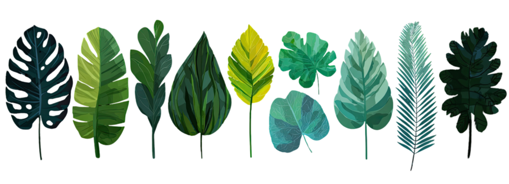 A row of stylized tropical leaves in various shades of green, teal, and yellow