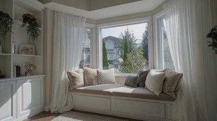 Sunlit Bay Window Seat With White Curtains And Plush Pillows In A Bright And Airy Room, Offering A Peaceful And Relaxing Atmosphere. Modern Interior