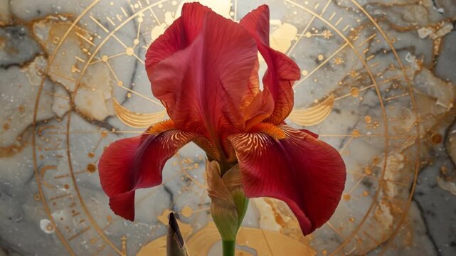 A striking close up of a vibrant red iris flower against an artistic patterned background design art