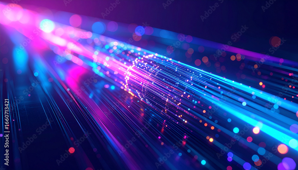 Poster illuminating the digital frontier: an eye-level close-up shot captures the mesmerizing flow of data 