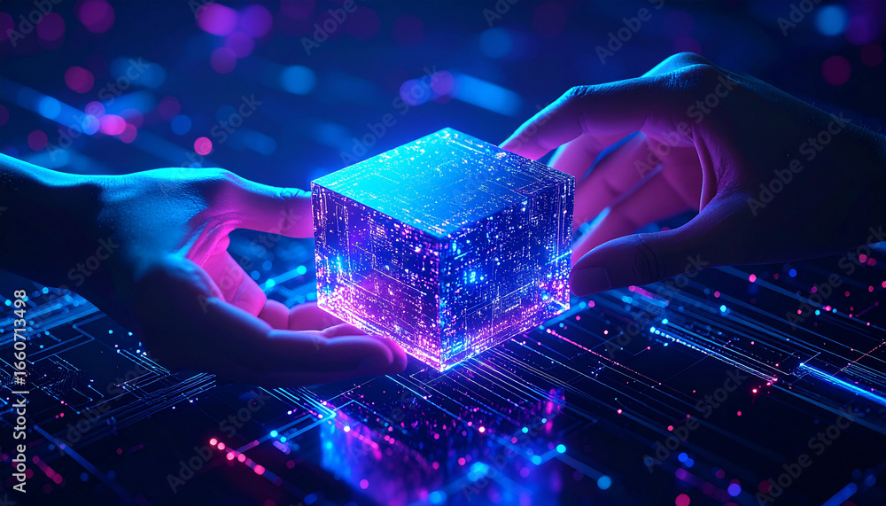 Poster data transfer: two hands delicately hold a glowing cube representing data transfer, symbolizing the 