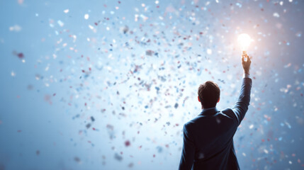 Person in suit holds light bulb high against backdrop of colorful confetti, symbolizing inspiration and celebration. scene conveys sense of achievement and creativity