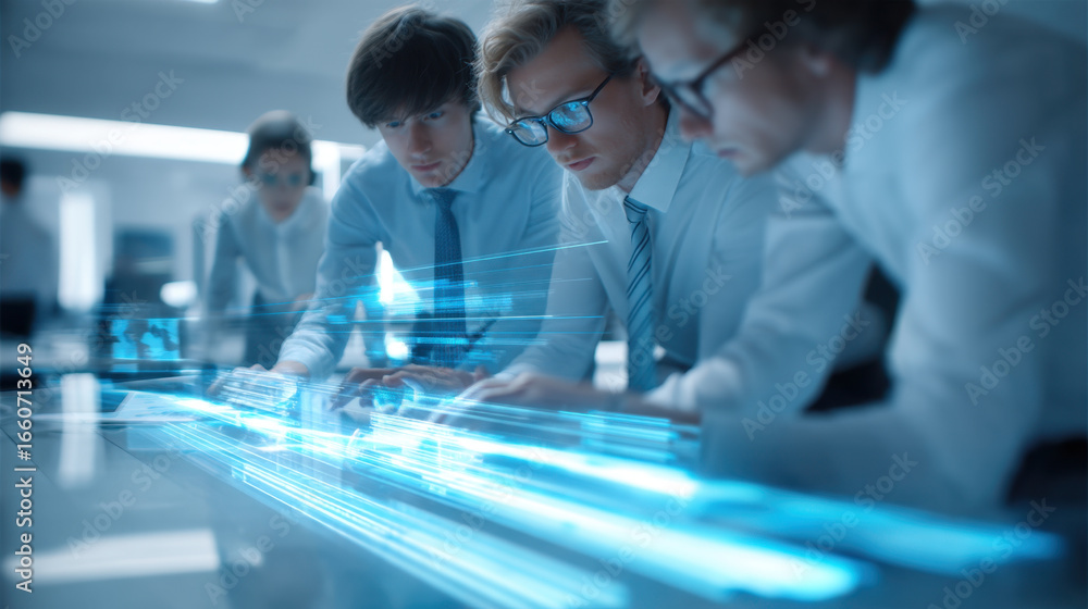 Poster innovative professionals collaborate in modern office, analyzing data with advanced technology. thei