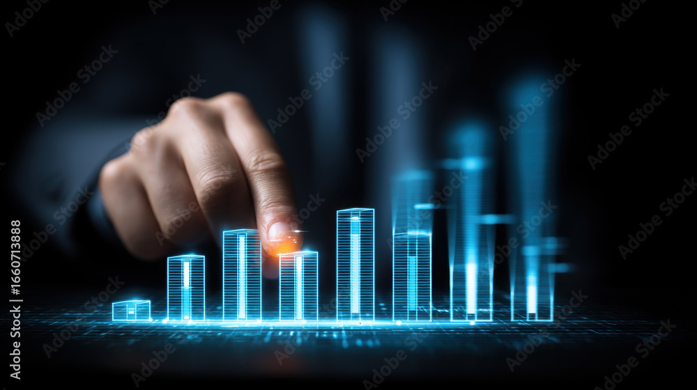 Poster hand interacts with glowing digital graph, showcasing data analysis and growth. futuristic design em