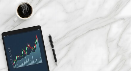 A top-down view of a financial trader's desk, with a tablet showing a bullish stock market candlestick chart, a cup of coffee, and a pen on a white marble surface.