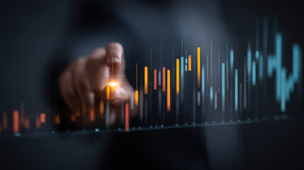 Person interacts with digital financial chart, showcasing vibrant bars in orange, blue, and yellow. image conveys sense of analysis and technology in finance