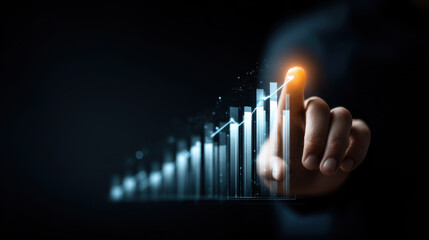 Hand is reaching out to touch glowing point on digital graph, symbolizing growth and progress in business or finance. background is dark, emphasizing bright elements of graph