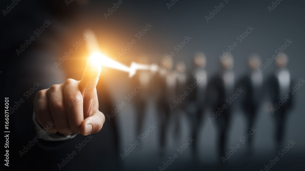 Poster person in suit points with finger, creating glowing effect, while line of blurred figures in suits s