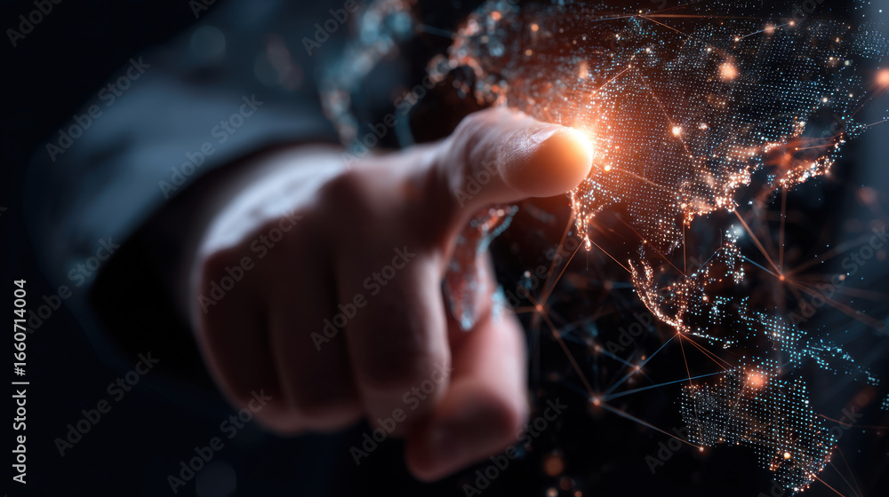 Poster hand points towards glowing map of world, symbolizing global connectivity and technology. image conv