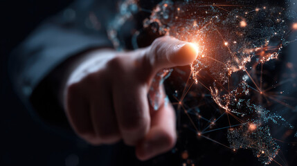 Hand points towards glowing map of world, symbolizing global connectivity and technology. image conveys sense of innovation and digital age, highlighting interconnectedness of regions