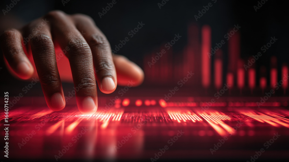Poster hand interacts with glowing digital interface, showcasing vibrant red data visualizations. scene con
