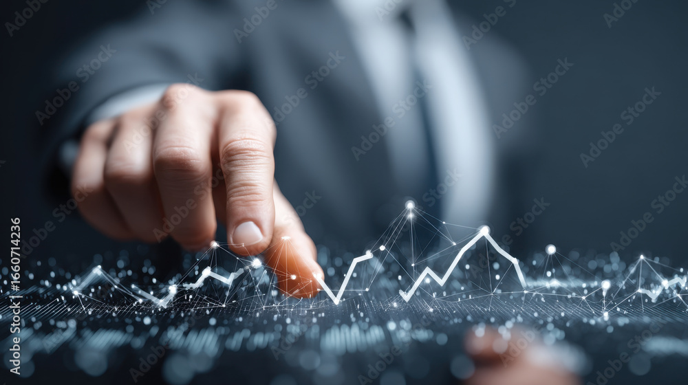 Poster business professional interacts with digital graph, showcasing data analysis and trends. image conve