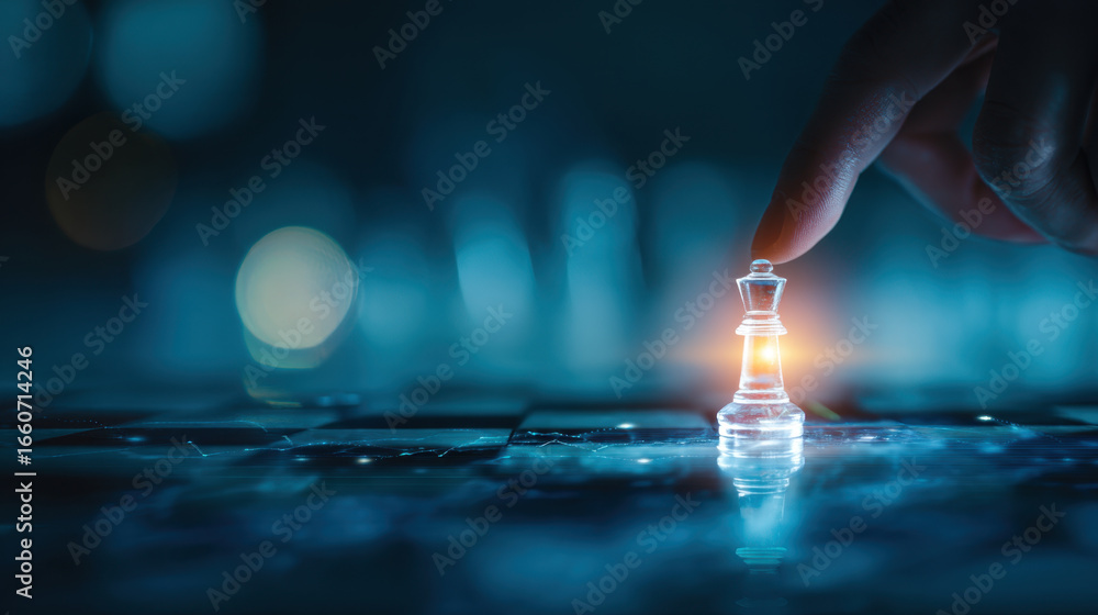 Poster hand delicately moves glowing chess piece on dark chessboard, symbolizing strategy and decision maki