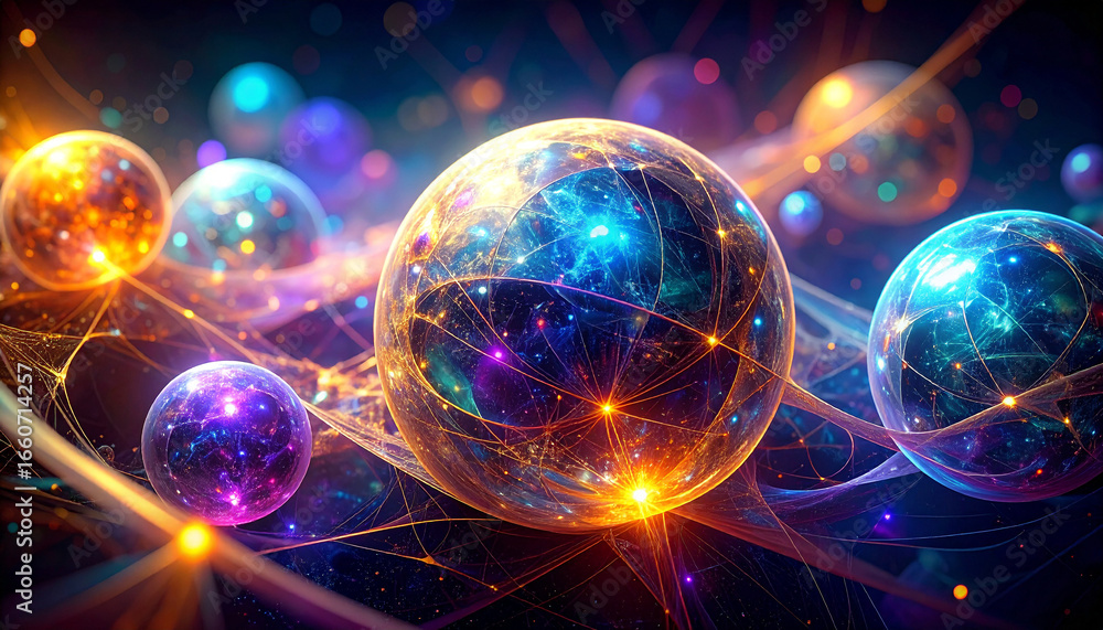 Poster celestial spheres: a mesmerizing, abstract representation of cosmic spheres interconnected by ethere