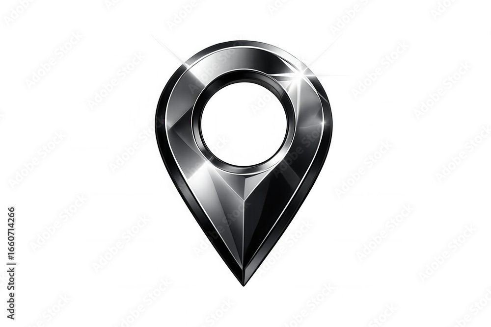 Poster metallic map pointer highlighting geolocation, reflecting navigation technology against transparent 