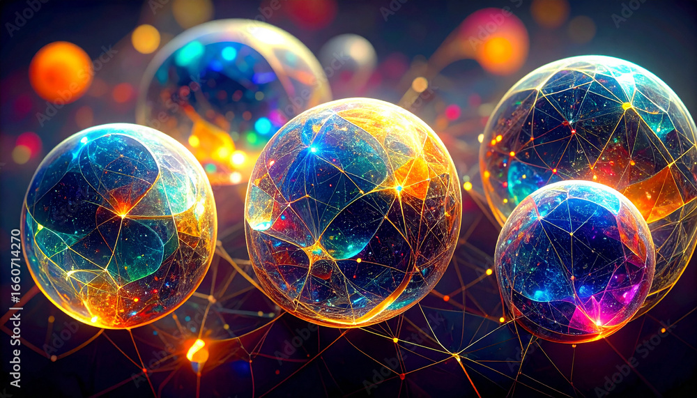 Poster glowing spheres of innovation: an abstract composition of luminescent orbs interlinked by a network 