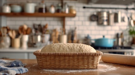 Fototapeta premium Medium frame capturing a glutenfree loaf rising in a basket while the back kitchen utensils and counters remain pleasantly unfocused.
