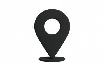 Black location pin icon rendering with transparent background, representing gps, navigation, mapping, and geolocation services
