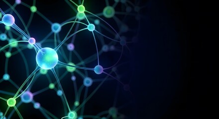 Abstract visualization of a neural network or molecular structure with colorful glowing nodes and connections on a black background with copy space.