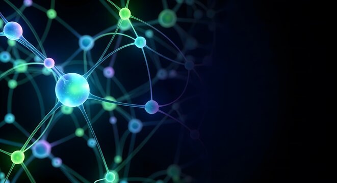 Abstract visualization of a neural network or molecular structure with colorful glowing nodes and connections on a black background with copy space.