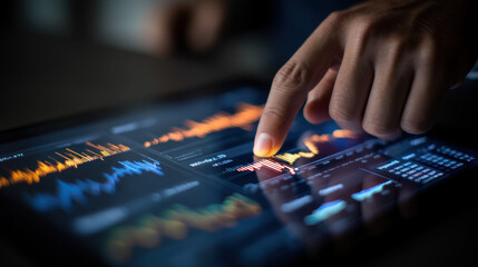 Fototapeta premium Digital tablet data analysis financial graphs touchscreen interface business technology analytics software financial data market trends investment analysis modern technology user interaction