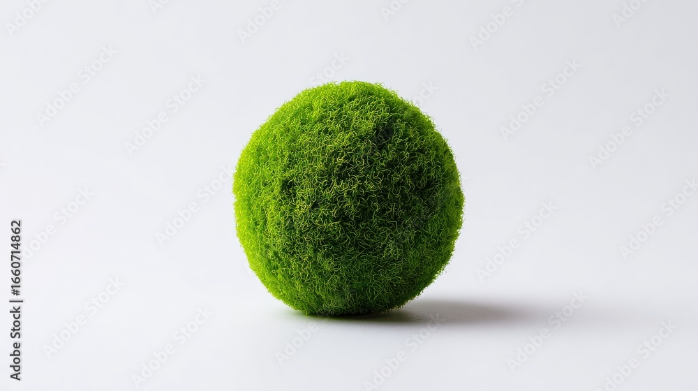 Poster detailed close up of a small, fluffy green sphere on a white background a studio shot of a textured,