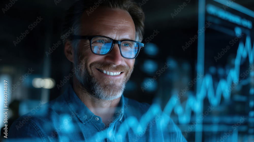 Aufkleber smiling man with glasses looking at digital graphs, showcasing data analysis and technology in moder