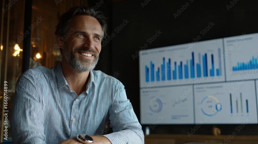 Poster confident businessman smiles while sitting at desk in modern office. behind him, large screens displ