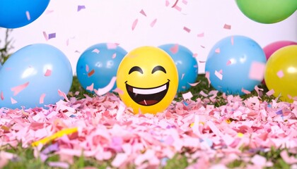 Beaming Emoji Face Celebrates in a Festive Shower of Pink Confetti and Balloons.