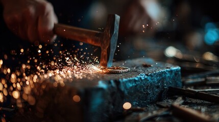 Focused image of metalworker hammering fine details on jewelry piece glowing sparks and blurred tools give atmospheric depth.
