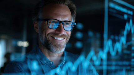 Smiling man with glasses looking at digital graphs, showcasing data analysis and technology in modern office environment, reflecting confidence and professionalism