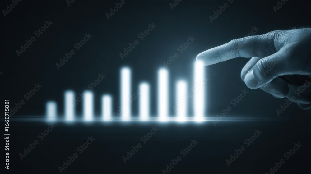 Poster hand points towards glowing bar graph, symbolizing growth and progress in dark environment. visual c