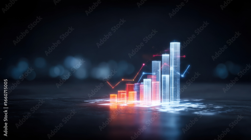 Poster digital graph representing financial growth with glowing bars and lines, showcasing upward trends an