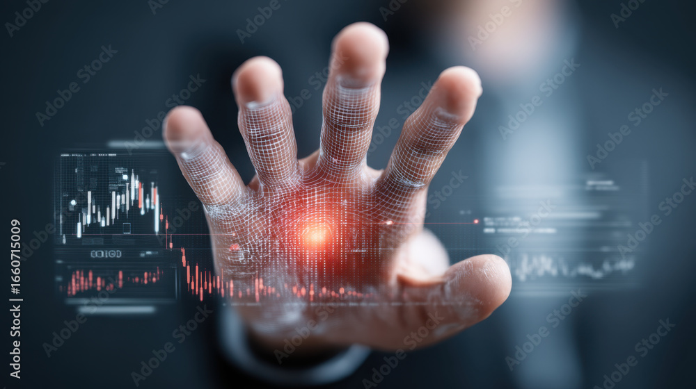 Poster futuristic hand reaching out, symbolizing technology and data interaction, with digital graphs and c