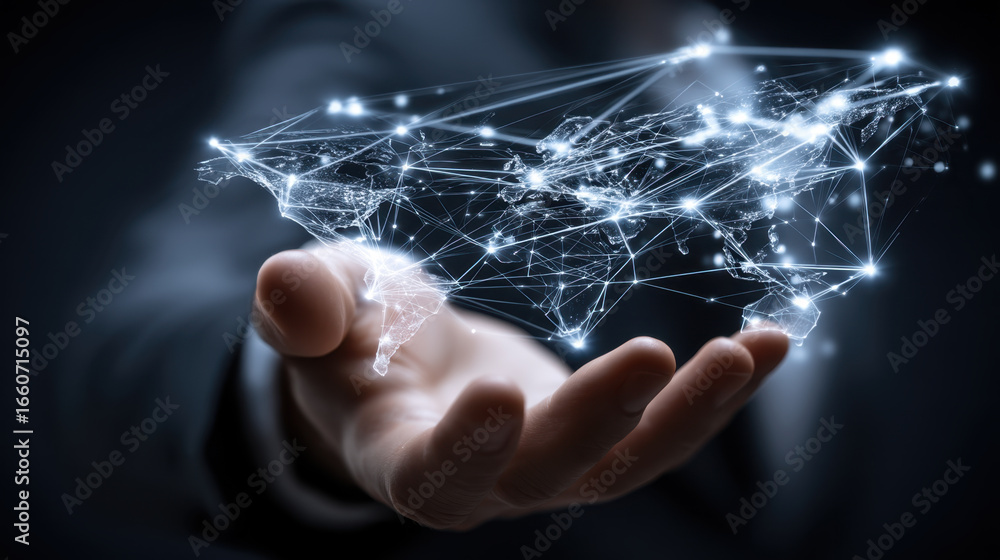 Poster person holds glowing digital map of world, symbolizing global connectivity and technology. intricate