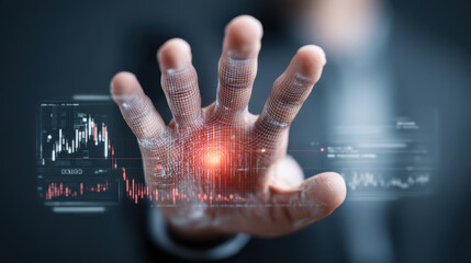 Futuristic hand reaching out, symbolizing technology and data interaction, with digital graphs and charts in background, representing finance and innovation
