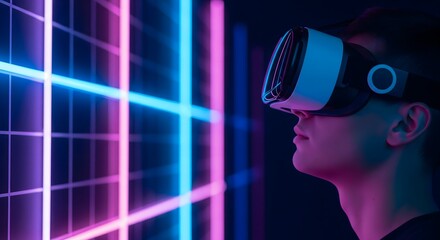 A person wearing a VR headset, looking at a glowing blue and pink neon grid, representing the metaverse, virtual reality, and cyberspace.