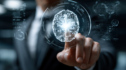 Person in suit interacts with digital brain interface, symbolizing technology and innovation. image conveys sense of advancement and intelligence in modern environment