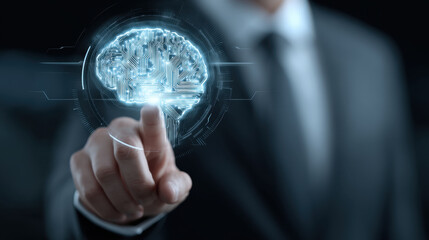 Image depicts business professional interacting with digital representation of brain, symbolizing artificial intelligence and technology. scene conveys innovation and integration of technology